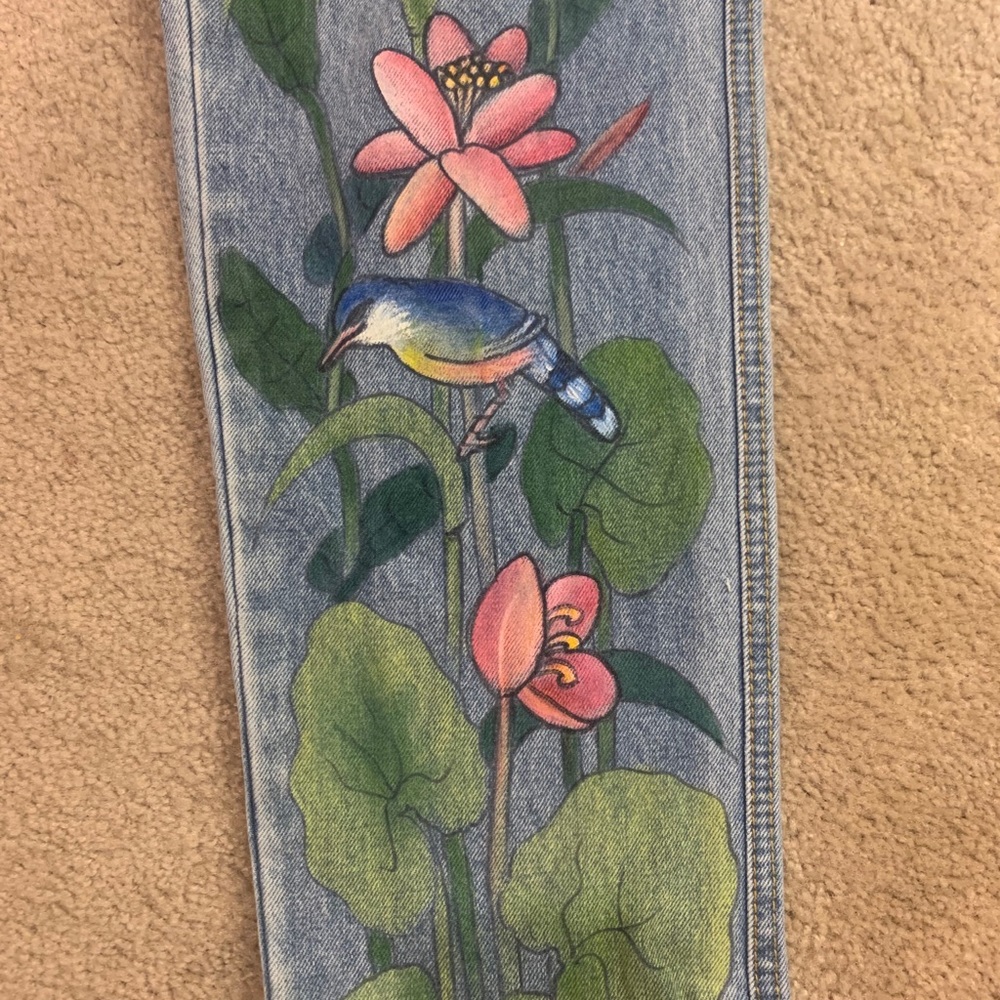 Paul Ropp hand paint /art  bird garden Vintage  90’s painted jeans Rare - Picture 2 of 6